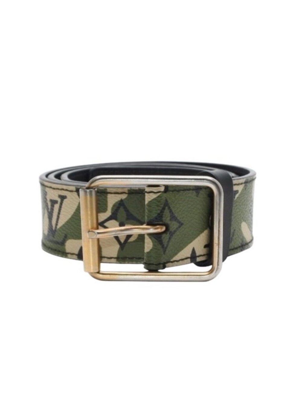 Louis Vuitton LV TM Ceinture Belt Leather Monogram Moflage Khaki Beige Black